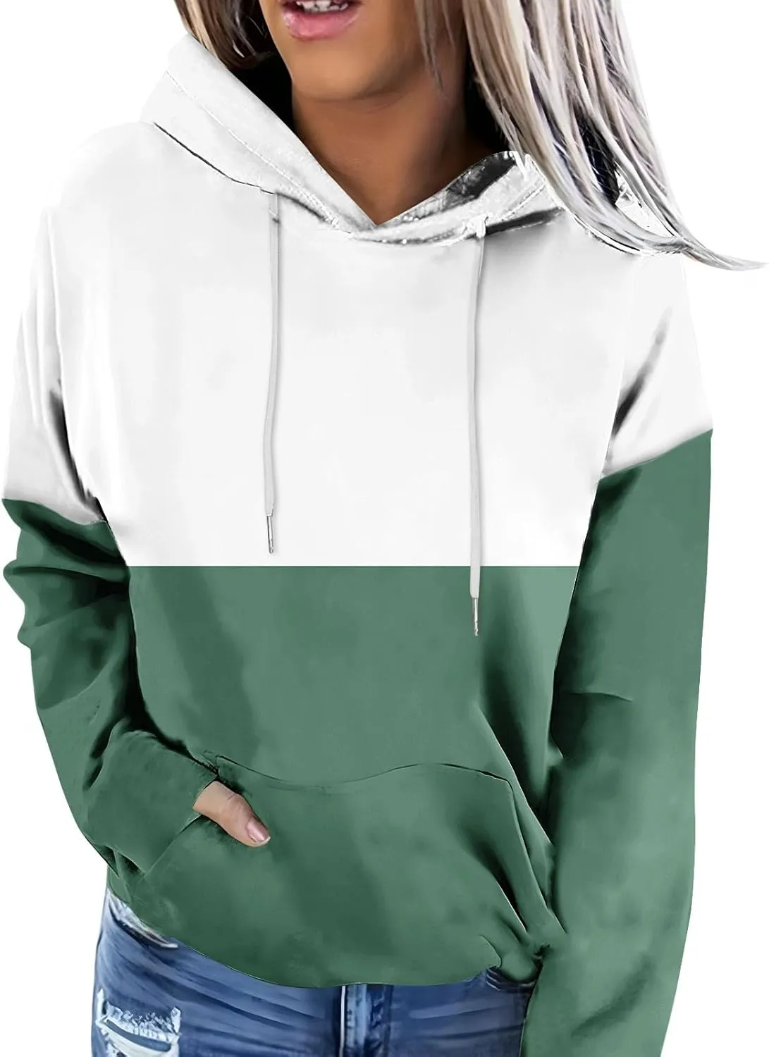 Womens 2024 Hooded Color Block Drawstring Hoodies Pullover Sweatshirts Casual Long Sleeve Tops Shirts Fall Winter