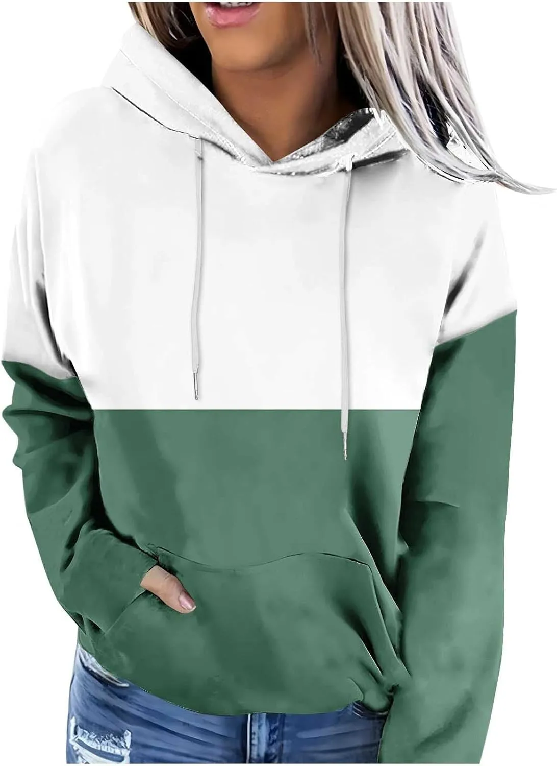 Womens 2024 Hooded Color Block Drawstring Hoodies Pullover Sweatshirts Casual Long Sleeve Tops Shirts Fall Winter