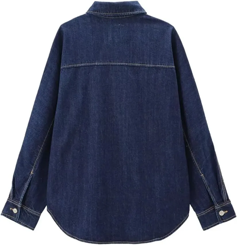 Women's Autumn Casual Loose Basic Denim Long Sleeved Single Breasted Office Lady Shirt Jacket