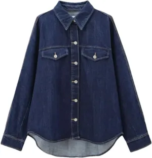 Women's Autumn Casual Loose Basic Denim Long Sleeved Single Breasted Office Lady Shirt Jacket