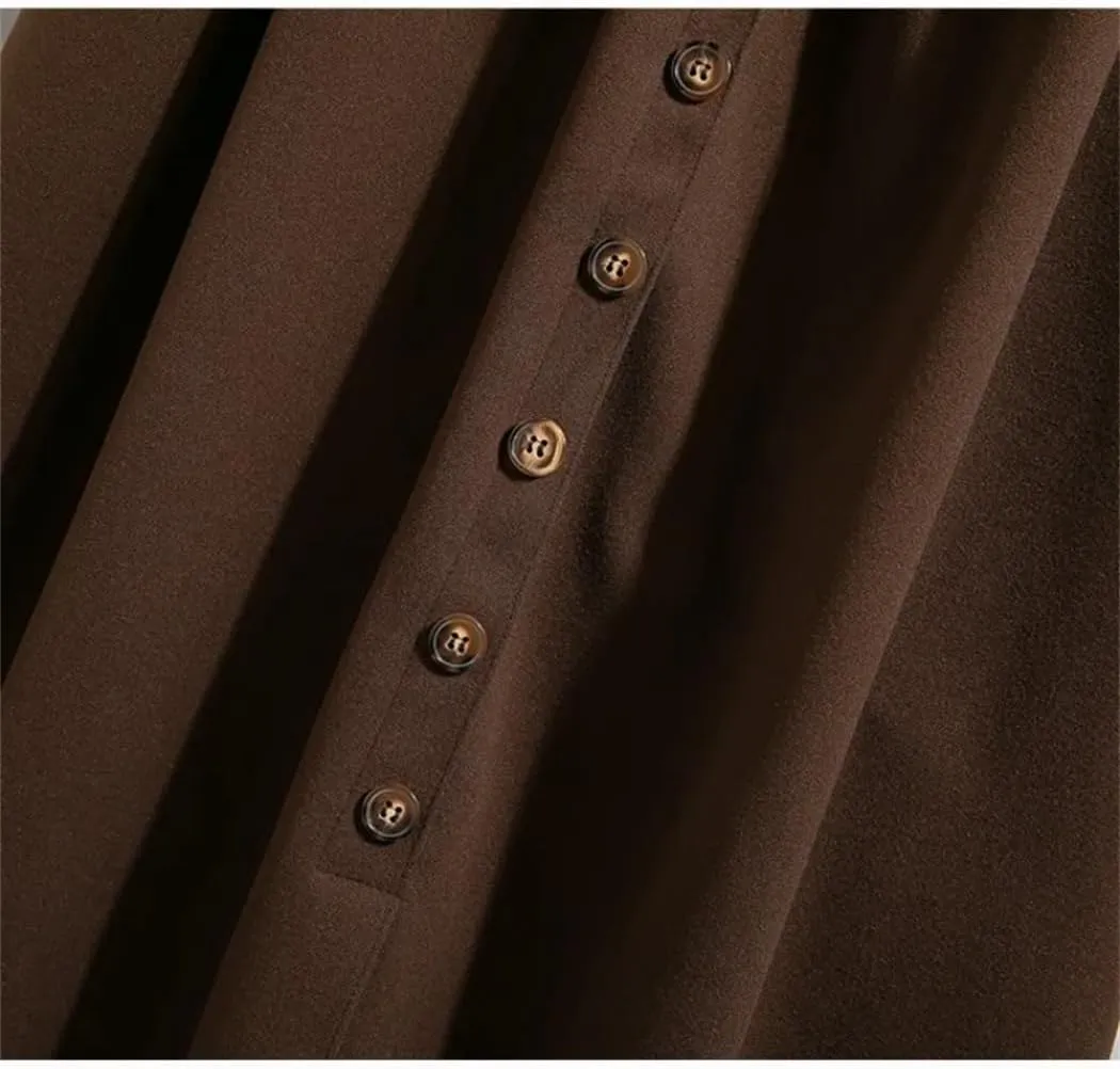 Women's Autumn Winter Korean Fashion Basics High Waist Single Breasted Long A-Line Pleated Skirt