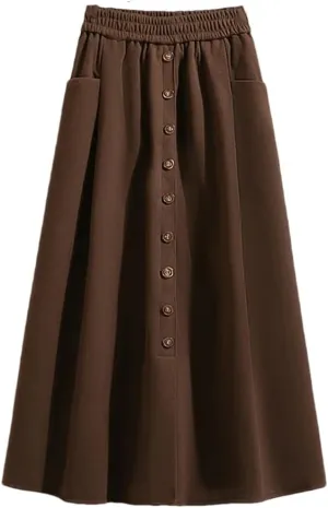 Women's Autumn Winter Korean Fashion Basics High Waist Single Breasted Long A-Line Pleated Skirt