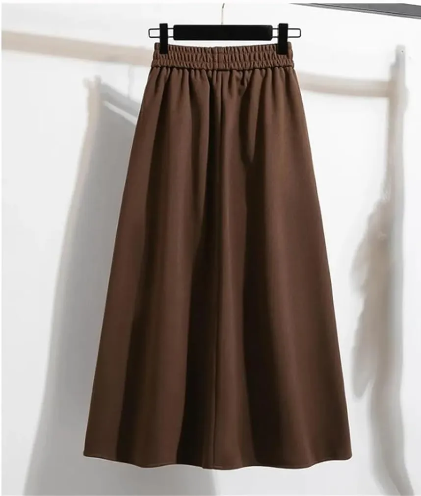 Women's Autumn Winter Korean Fashion Basics High Waist Single Breasted Long A-Line Pleated Skirt