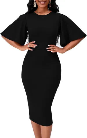 Women's Basic Bodycon Ruffle Flared Short Sleeve Pencil Midi Dress