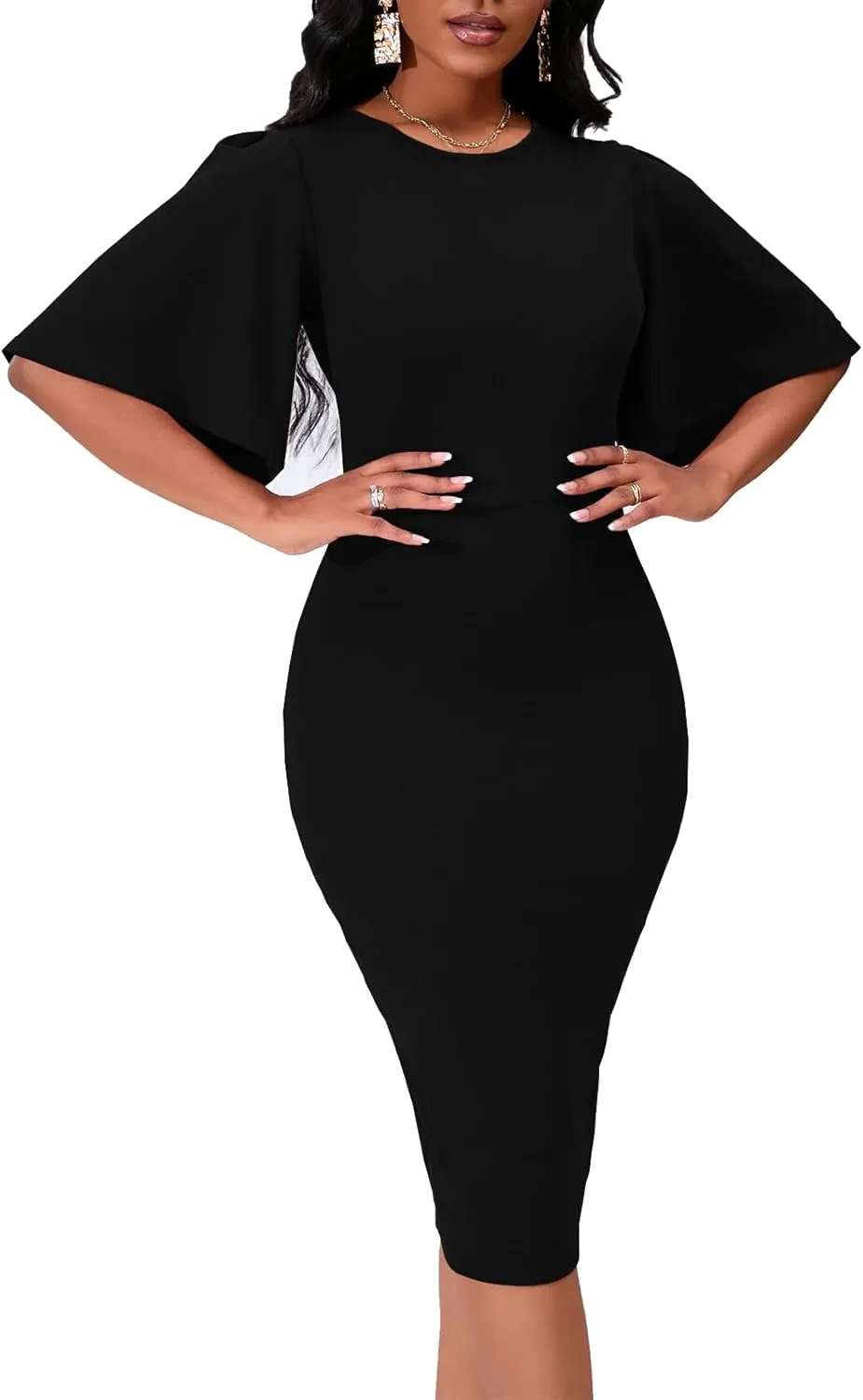 Women's Basic Bodycon Ruffle Flared Short Sleeve Pencil Midi Dress