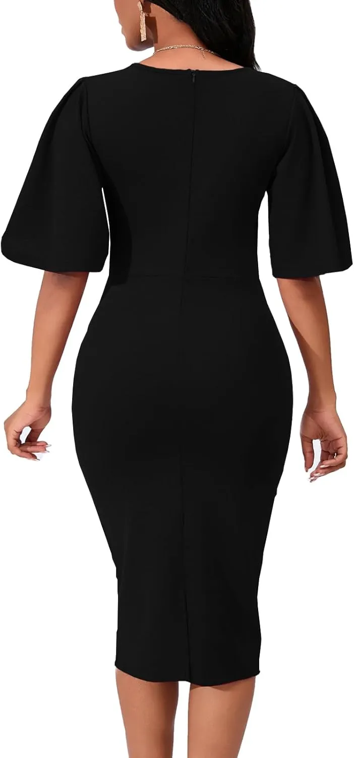 Women's Basic Bodycon Ruffle Flared Short Sleeve Pencil Midi Dress