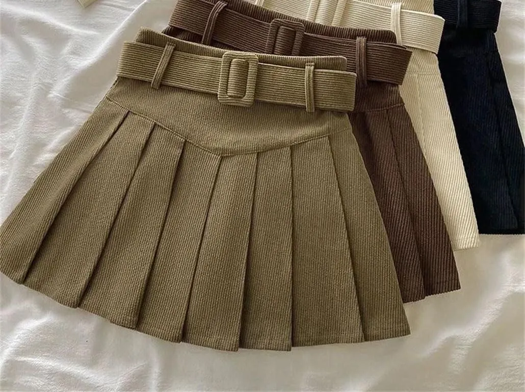 Womens Belted Pleated Skirt Corduroy Mini Skirt with Belt