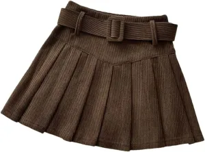 Womens Belted Pleated Skirt Corduroy Mini Skirt with Belt