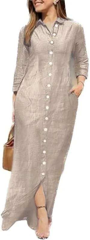 Womens Button Down Maxi Shirt Dress Casual Lapel Long Rolled Sleeve Summer Fall Cardigan Long Dress with Pocket