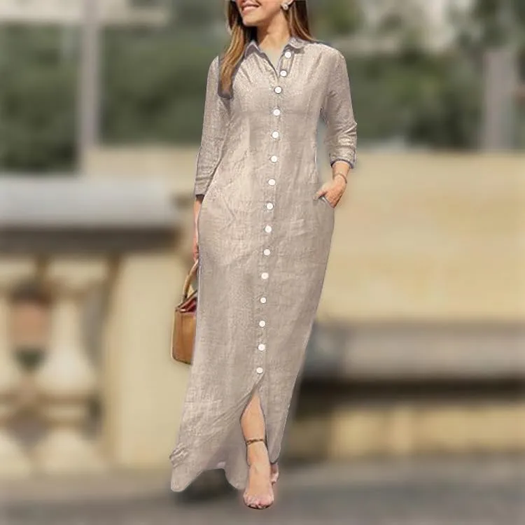 Womens Button Down Maxi Shirt Dress Casual Lapel Long Rolled Sleeve Summer Fall Cardigan Long Dress with Pocket