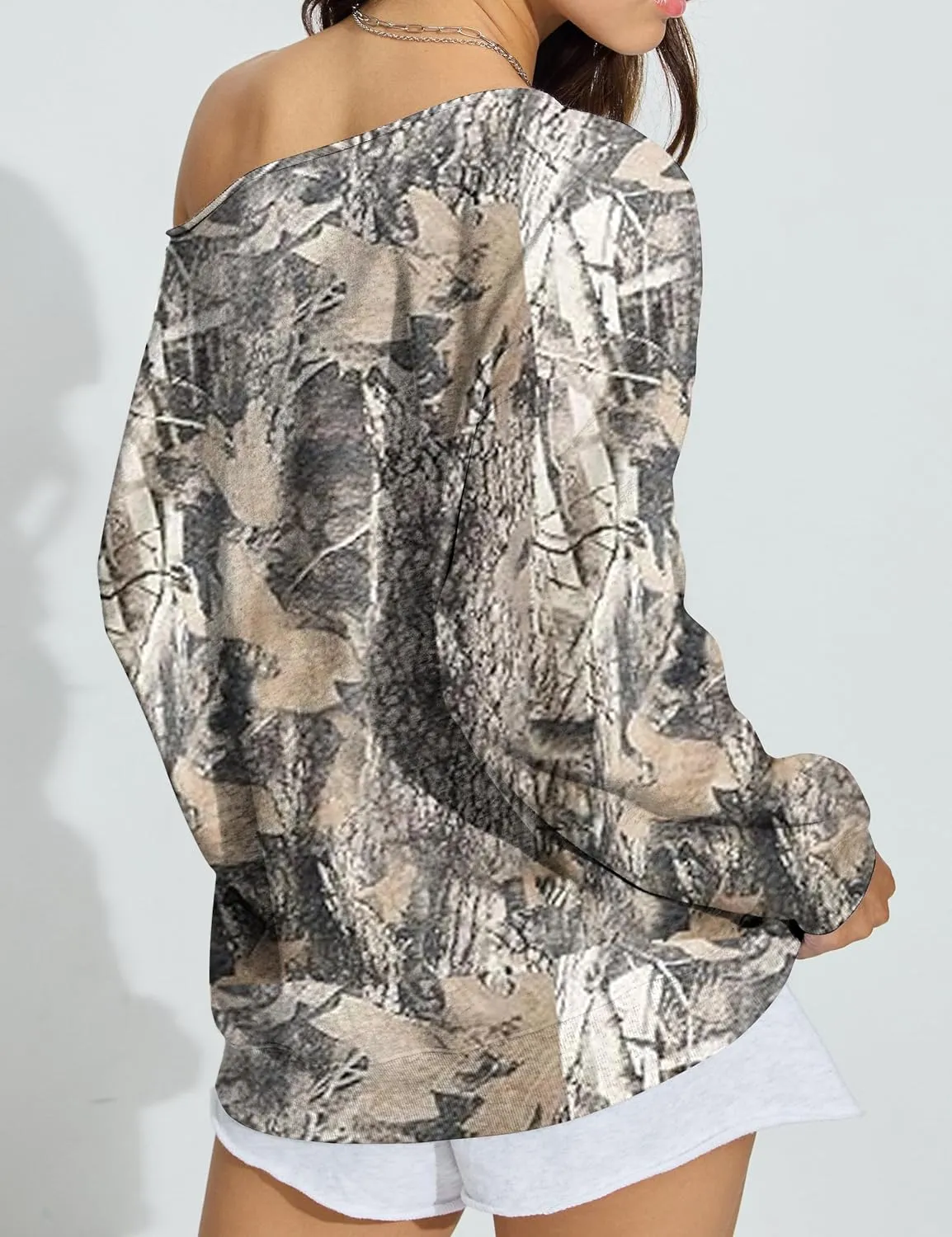 Womens Camo Off The Shoulder Sweatshirt Maple Leaf Print One Shoulder Sweatshirts Long Sleeve Loose Fleece Pullover