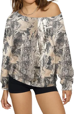 Womens Camo Off The Shoulder Sweatshirt Maple Leaf Print One Shoulder Sweatshirts Long Sleeve Loose Fleece Pullover