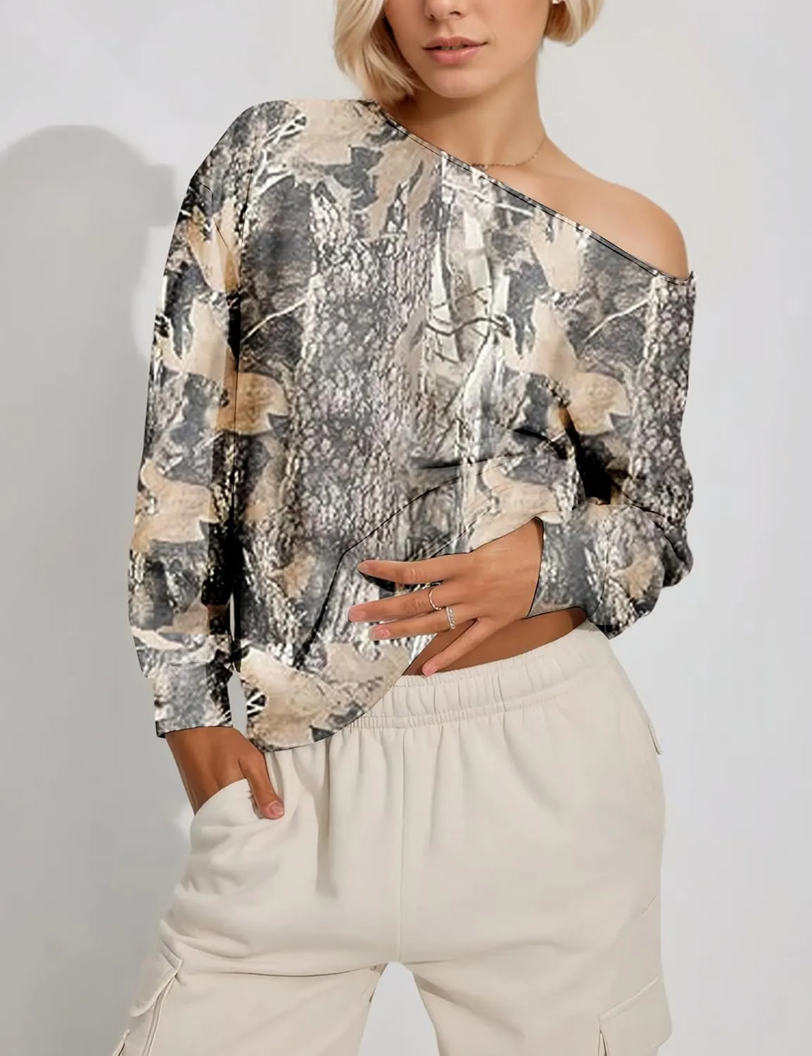 Womens Camo Off The Shoulder Sweatshirt Maple Leaf Print One Shoulder Sweatshirts Long Sleeve Loose Fleece Pullover