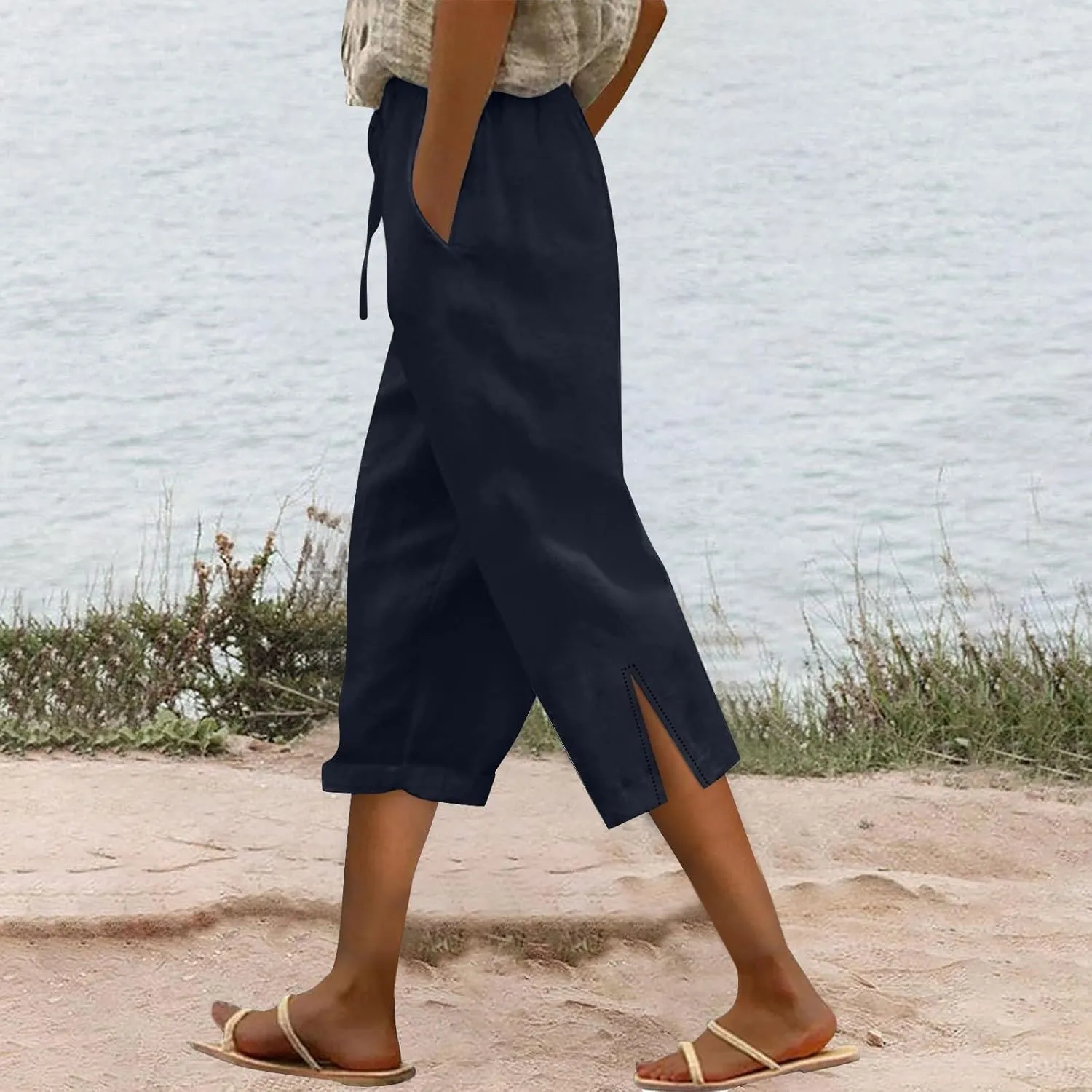 Womens Capris Casual High Waist Drawstring Split Hem Linen Pants 2025 Summer Plus Size Cropped Trousers