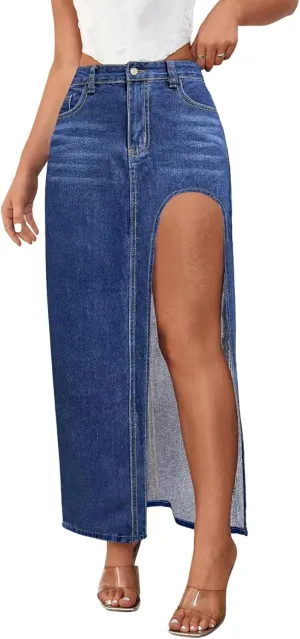 Women's Casual High Waist Split Thigh Jean Skirt A Line Long Maxi Slim Denim Skirt