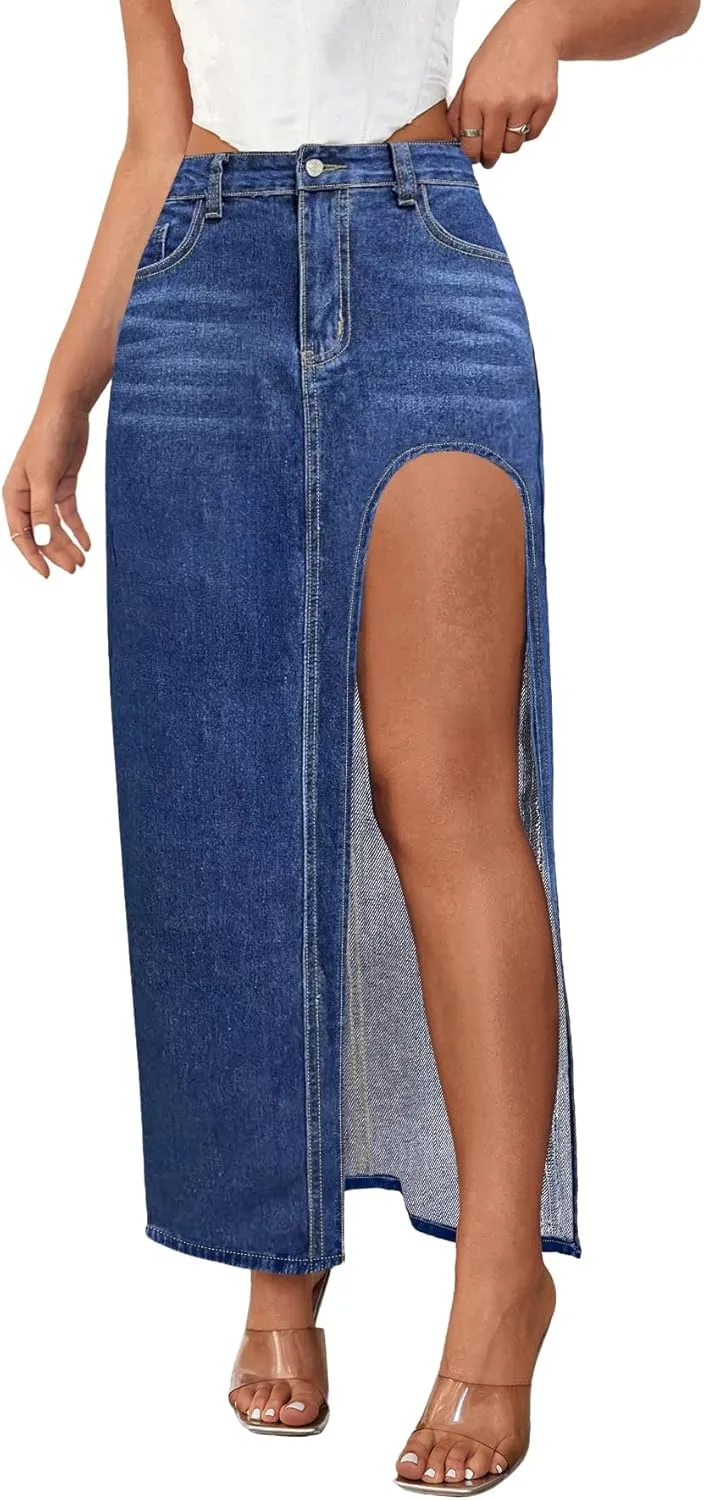Women's Casual High Waist Split Thigh Jean Skirt A Line Long Maxi Slim Denim Skirt