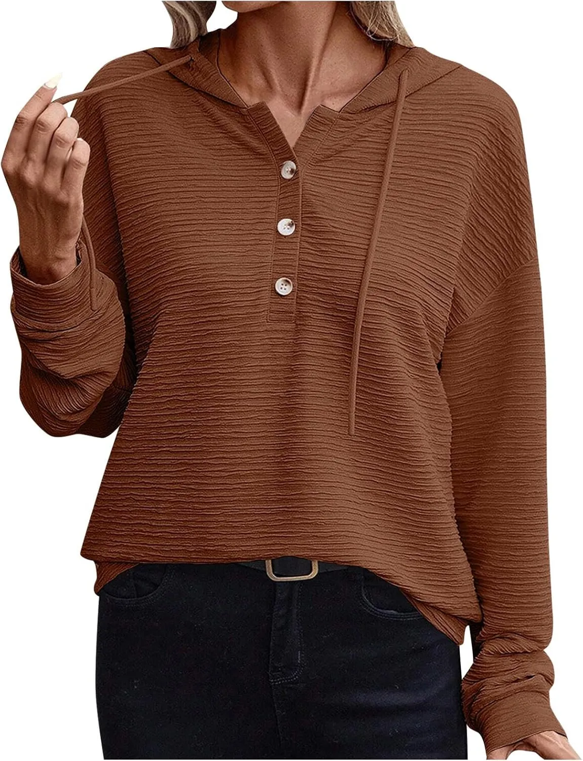 Women's Casual Hoodies Long Sleeve Solid Color Lightweight Pullover Tops Loose Sweatshirt Pleated Drawstring Shirts