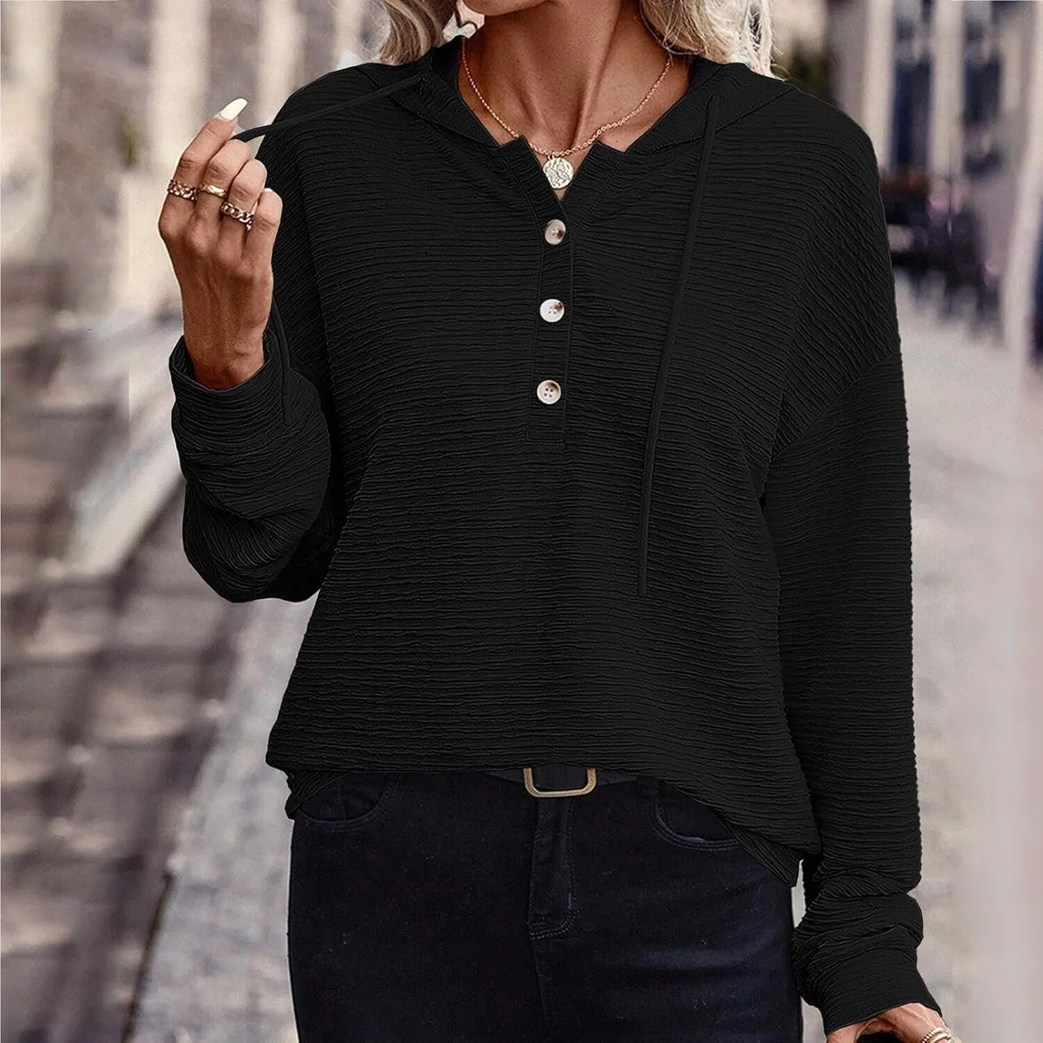 Women's Casual Hoodies Long Sleeve Solid Color Lightweight Pullover Tops Loose Sweatshirt Pleated Drawstring Shirts