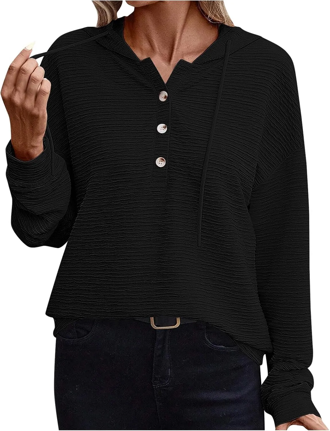 Women's Casual Hoodies Long Sleeve Solid Color Lightweight Pullover Tops Loose Sweatshirt Pleated Drawstring Shirts