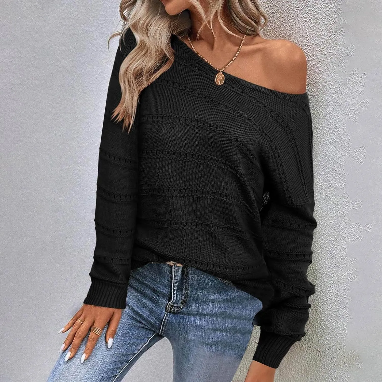 Womens Casual Sweater Lightweight Long Sleeve Off Shoulder Pullover Top Dressy Hollow Out Shirt 2024 Fall Outfits