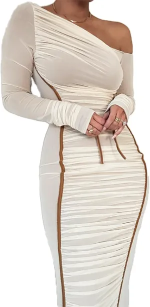 Women's Cocktail Bodycon Long Sleeve Off Shoulder Mesh Ruched Midi Party Dress