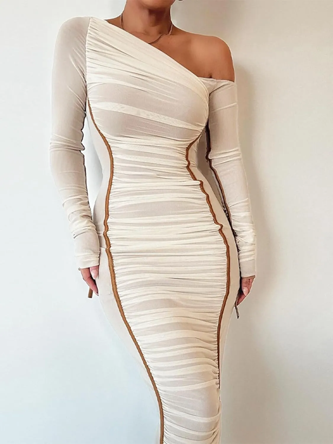Women's Cocktail Bodycon Long Sleeve Off Shoulder Mesh Ruched Midi Party Dress