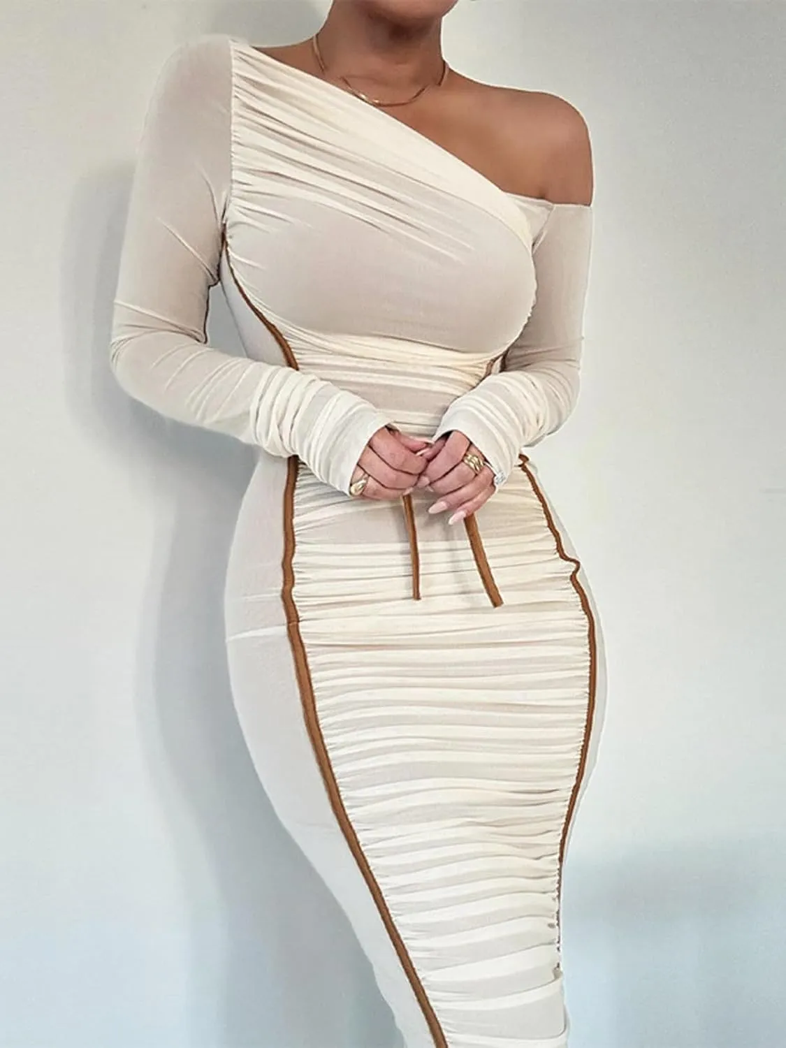 Women's Cocktail Bodycon Long Sleeve Off Shoulder Mesh Ruched Midi Party Dress