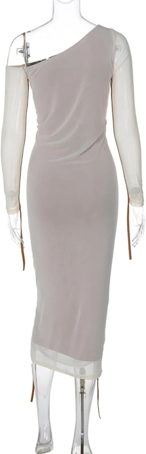 Women's Cocktail Bodycon Long Sleeve Off Shoulder Mesh Ruched Midi Party Dress