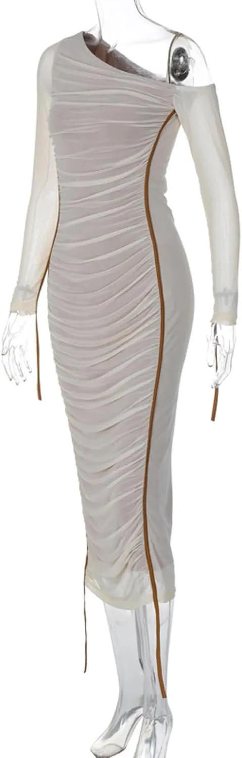Women's Cocktail Bodycon Long Sleeve Off Shoulder Mesh Ruched Midi Party Dress