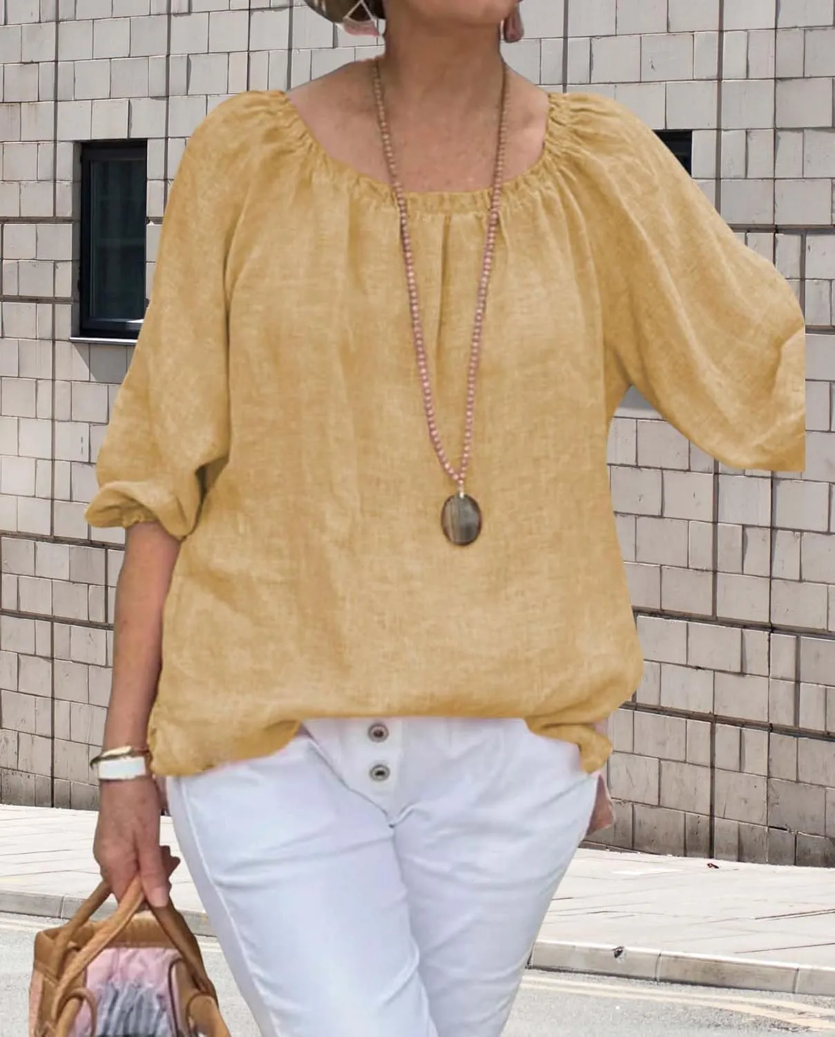 Womens Cotton Linen Pleated Crew Neck Tops Casual Half Puff Sleeve Pullover Summer Trendy Loose Tunic Shirts