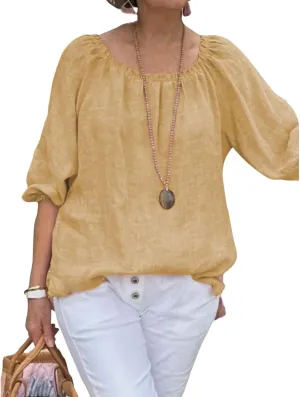Womens Cotton Linen Pleated Crew Neck Tops Casual Half Puff Sleeve Pullover Summer Trendy Loose Tunic Shirts