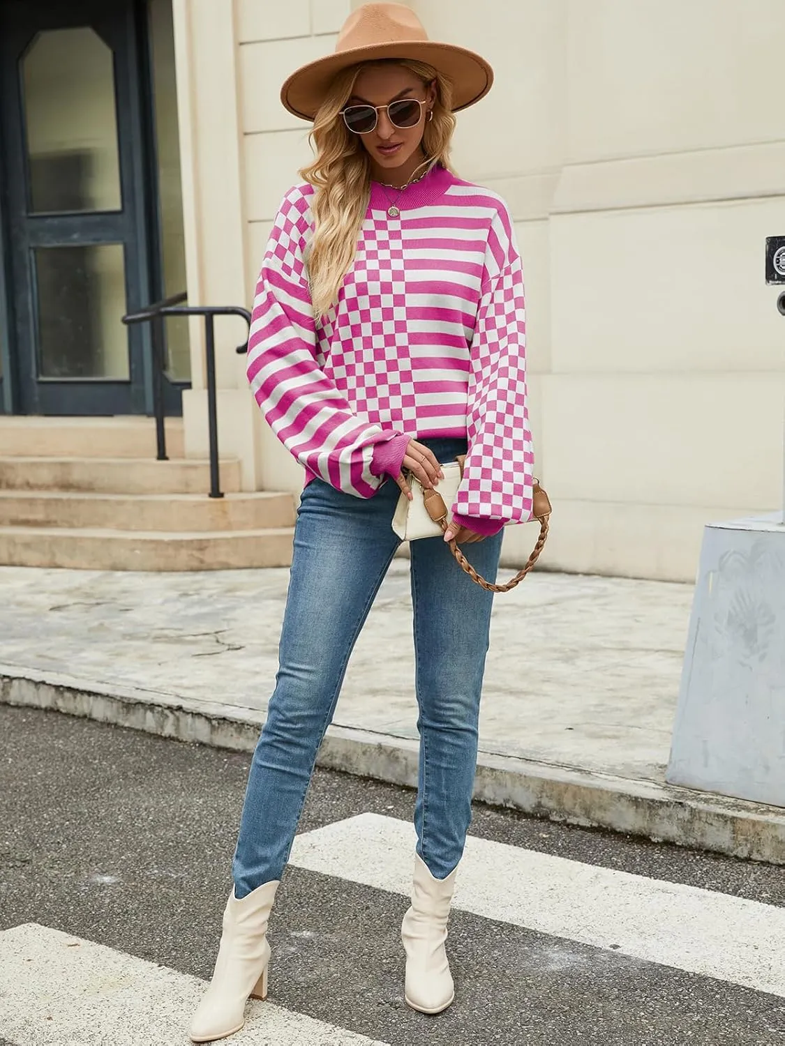 Women's Crewneck Lantern Long Sleeve Sweaters 2024 Oversized Ribbed Knit Pullover Jumper Tops