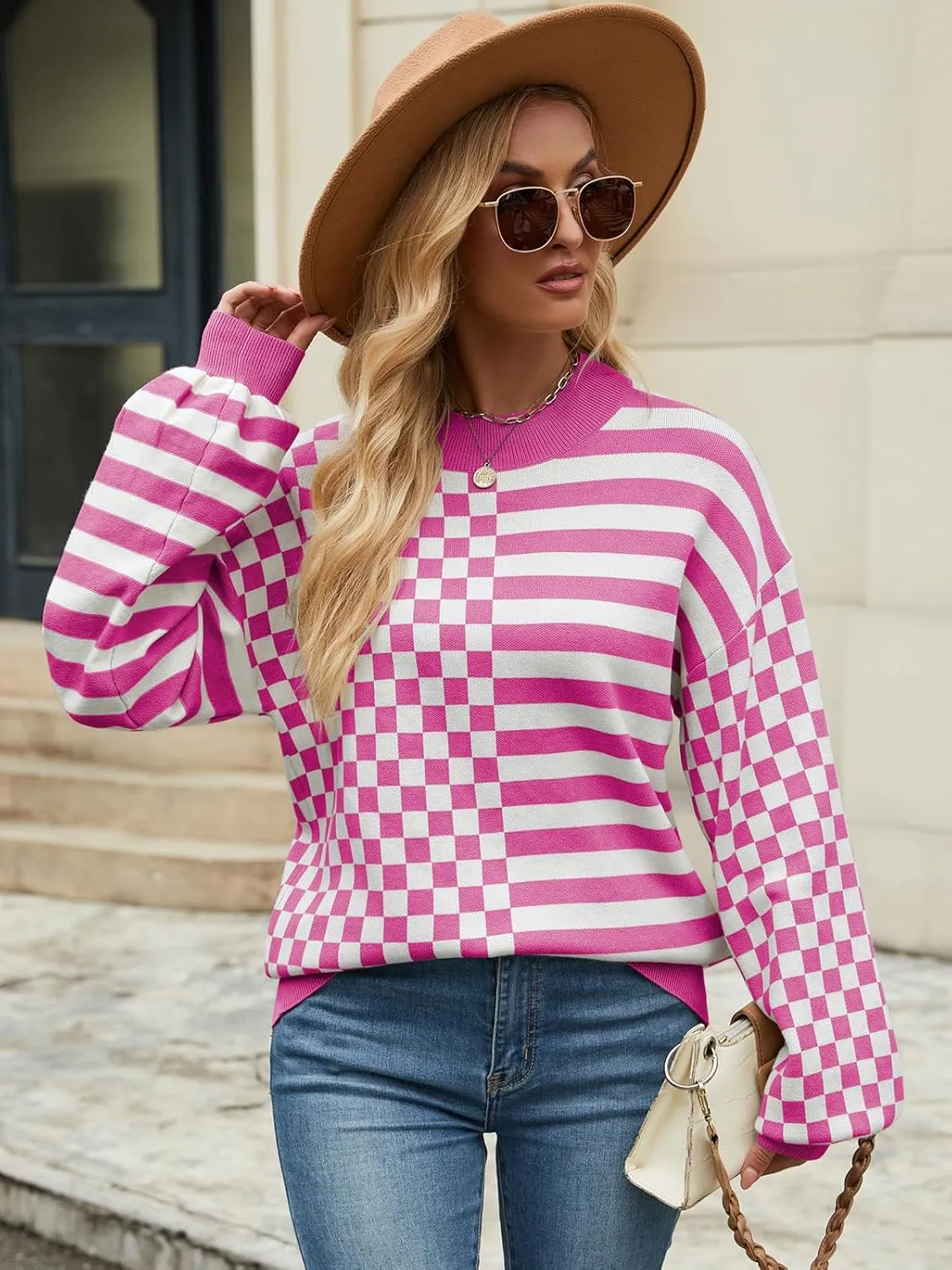 Women's Crewneck Lantern Long Sleeve Sweaters 2024 Oversized Ribbed Knit Pullover Jumper Tops