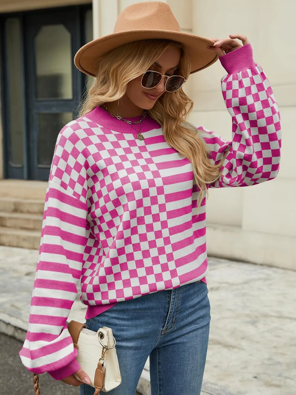 Women's Crewneck Lantern Long Sleeve Sweaters 2024 Oversized Ribbed Knit Pullover Jumper Tops