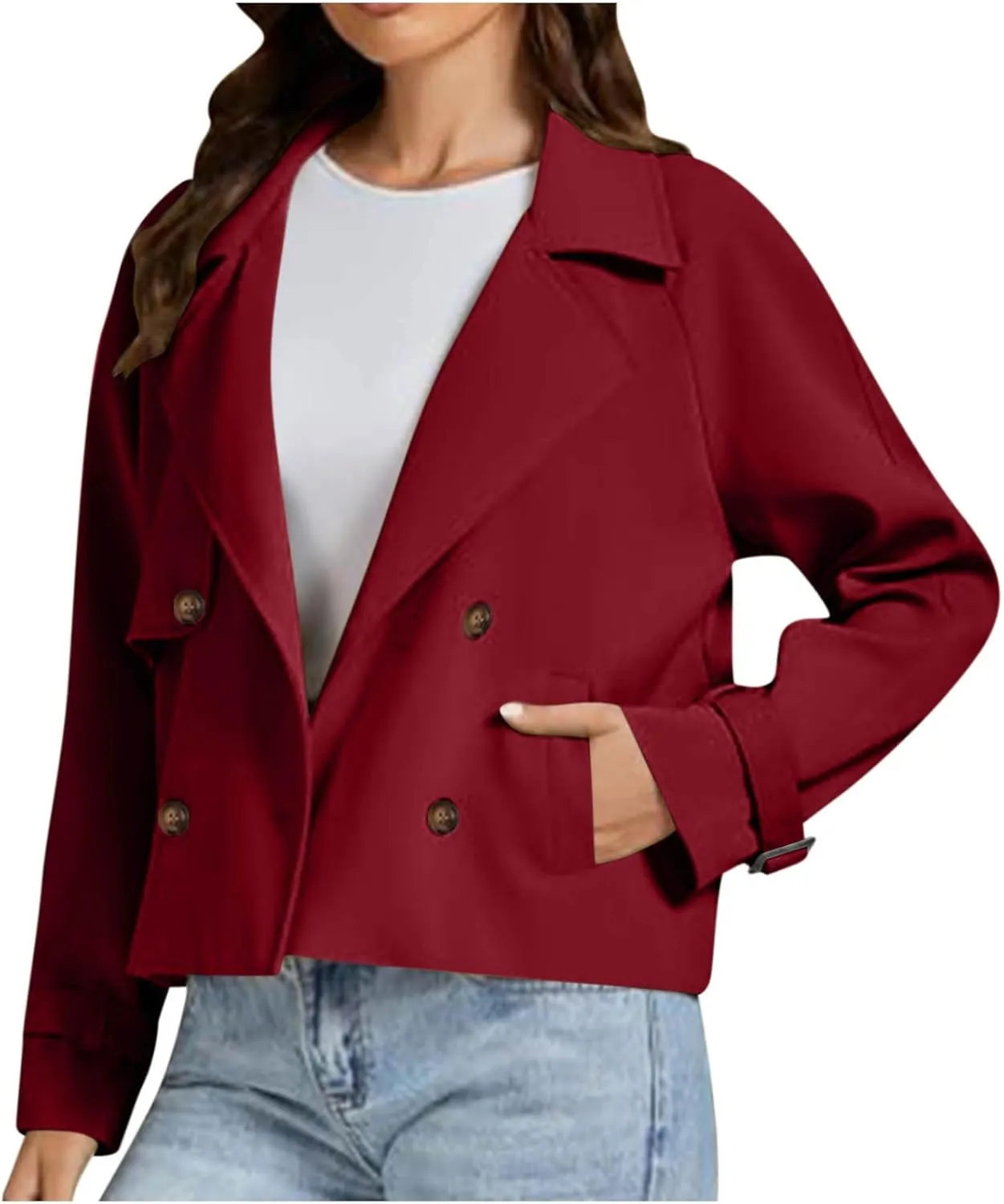 Womens Cropped Trench Coat Double Breasted Lapel Long Sleeve Short Jacket Fashion Outerwear Business Casual Jackets