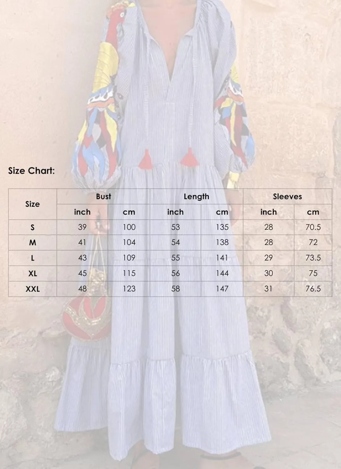 Women's Deep V-Neck Lantern Print Long Sleeves Maxi Dress Causal Loose Layer Blue Shift Long Dresses with Drawstring