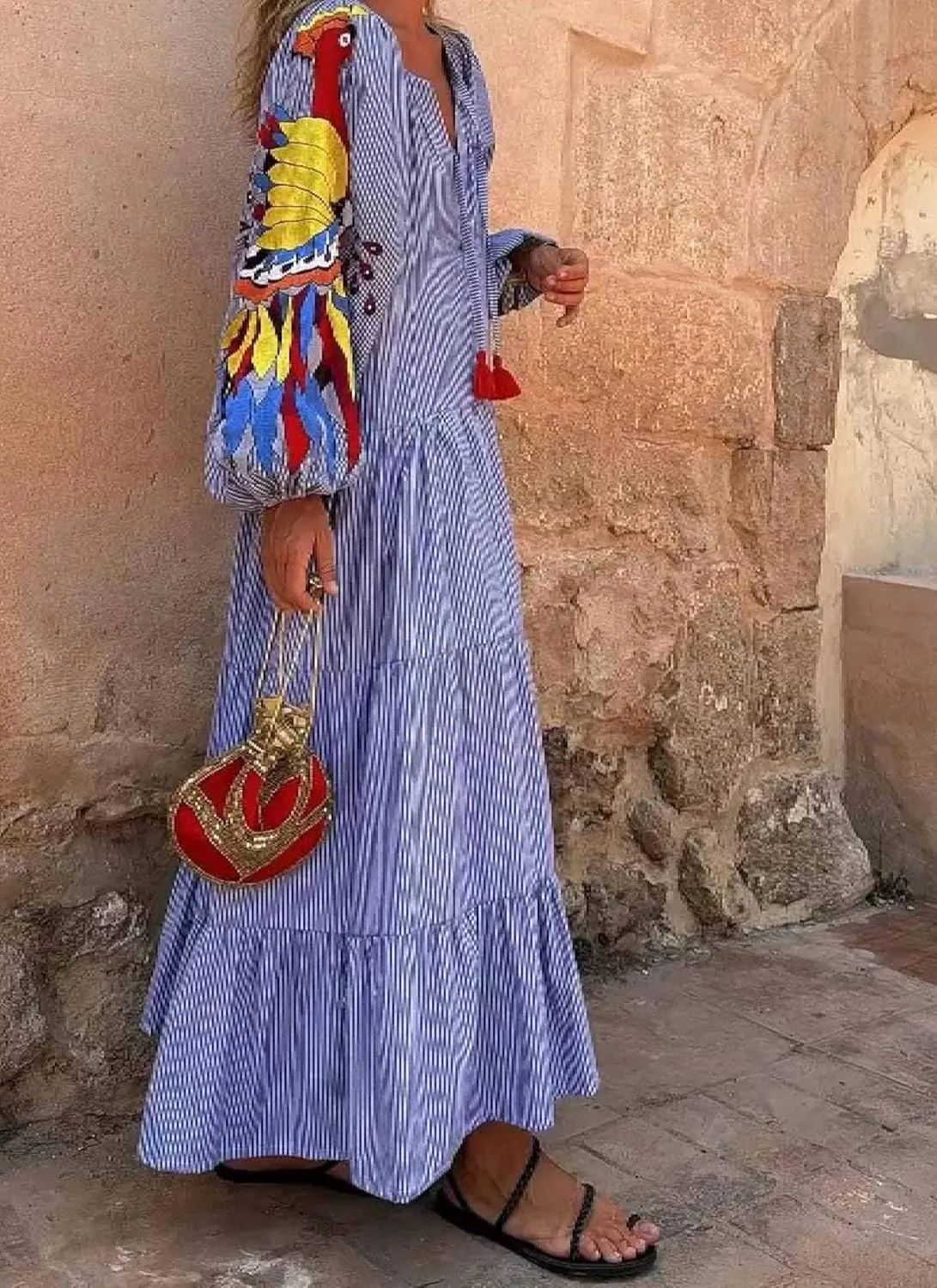 Women's Deep V-Neck Lantern Print Long Sleeves Maxi Dress Causal Loose Layer Blue Shift Long Dresses with Drawstring