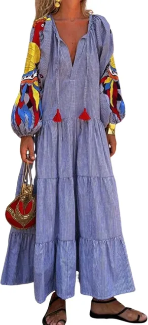 Women's Deep V-Neck Lantern Print Long Sleeves Maxi Dress Causal Loose Layer Blue Shift Long Dresses with Drawstring