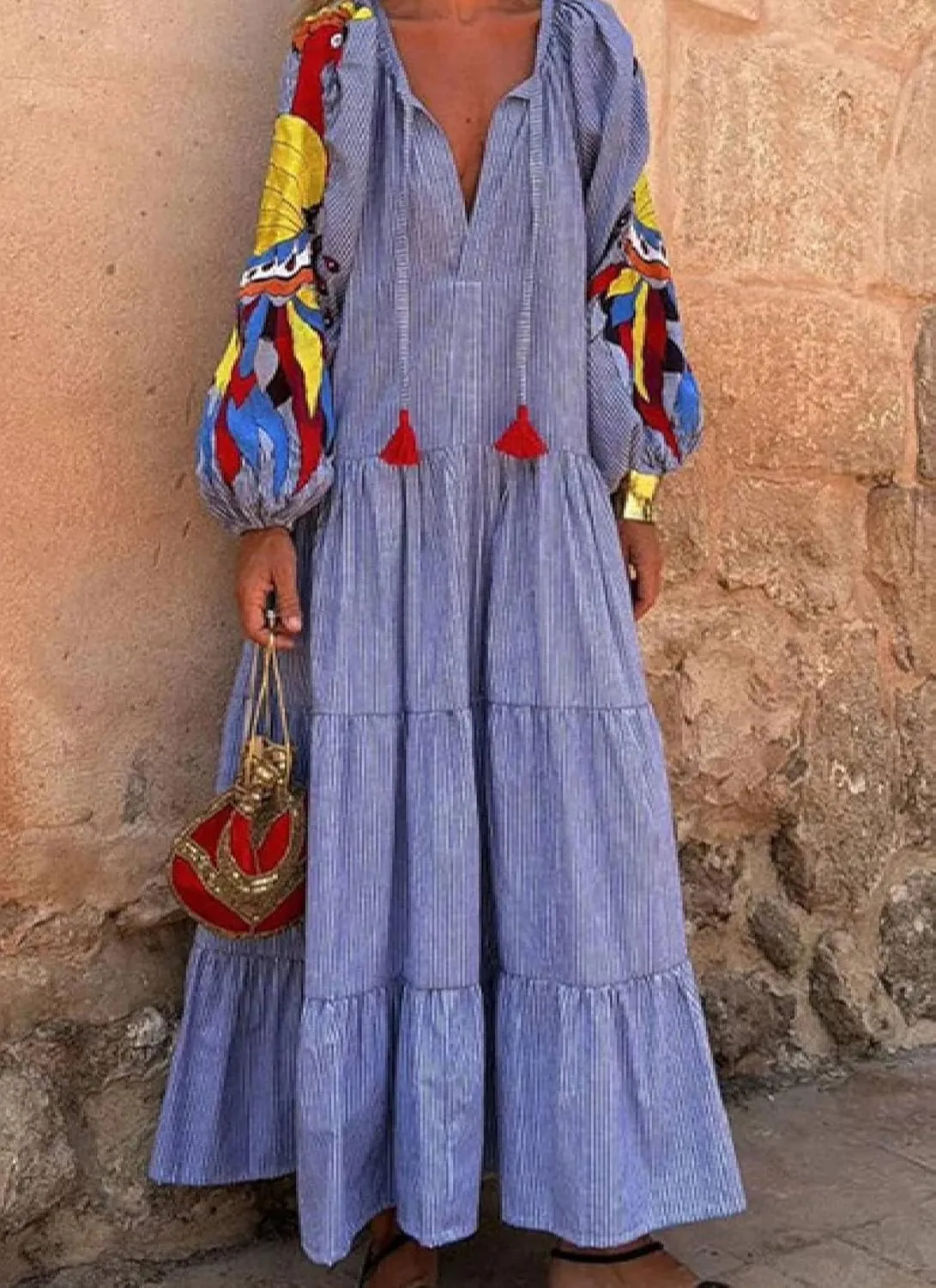 Women's Deep V-Neck Lantern Print Long Sleeves Maxi Dress Causal Loose Layer Blue Shift Long Dresses with Drawstring