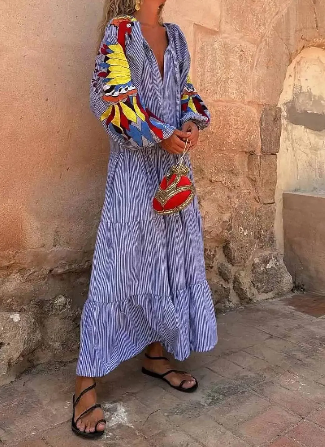 Women's Deep V-Neck Lantern Print Long Sleeves Maxi Dress Causal Loose Layer Blue Shift Long Dresses with Drawstring