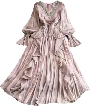 Women's Dress Elegant V Neck Flare Full Sleeves Gathered Waist Patchwork Loose A-Line Dresses