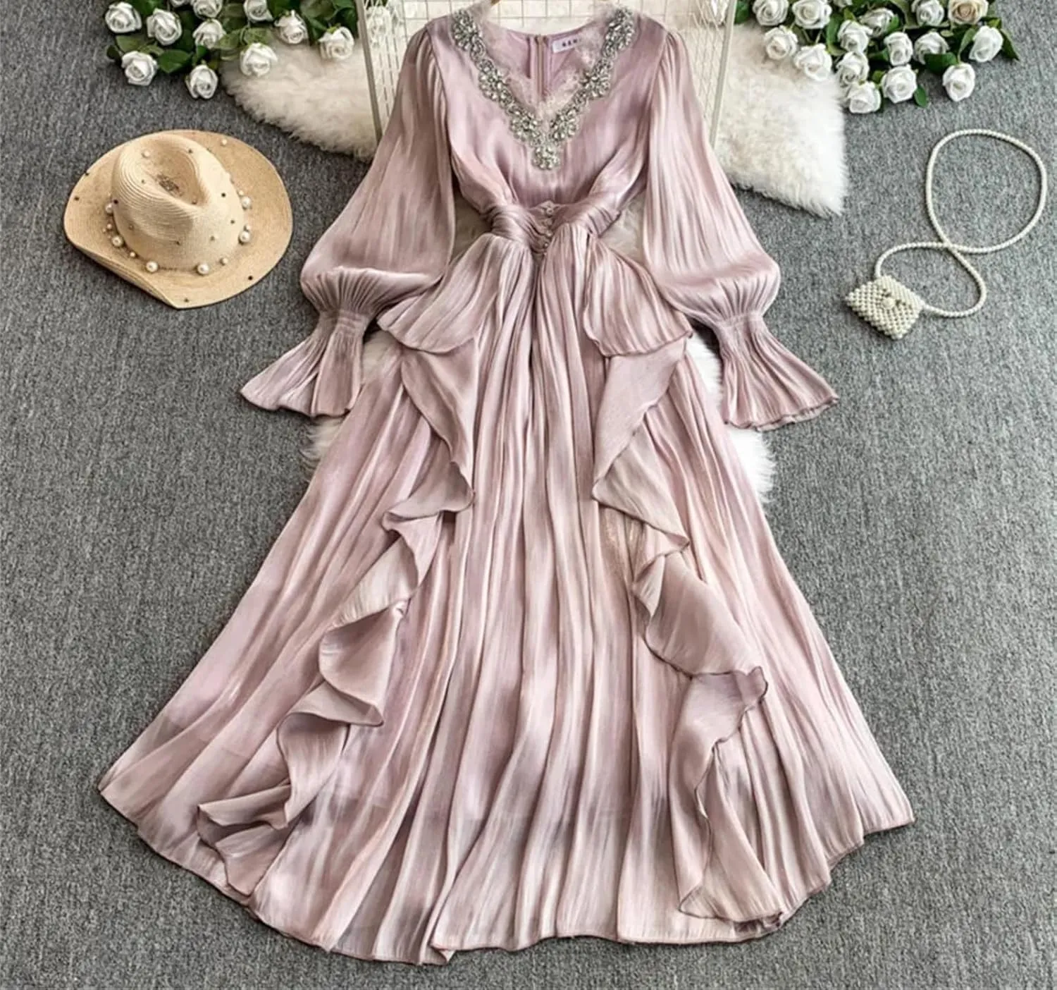 Women's Dress Elegant V Neck Flare Full Sleeves Gathered Waist Patchwork Loose A-Line Dresses