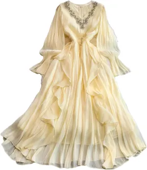 Women's Dress Elegant V Neck Flare Full Sleeves Gathered Waist Patchwork Loose A-Line Dresses