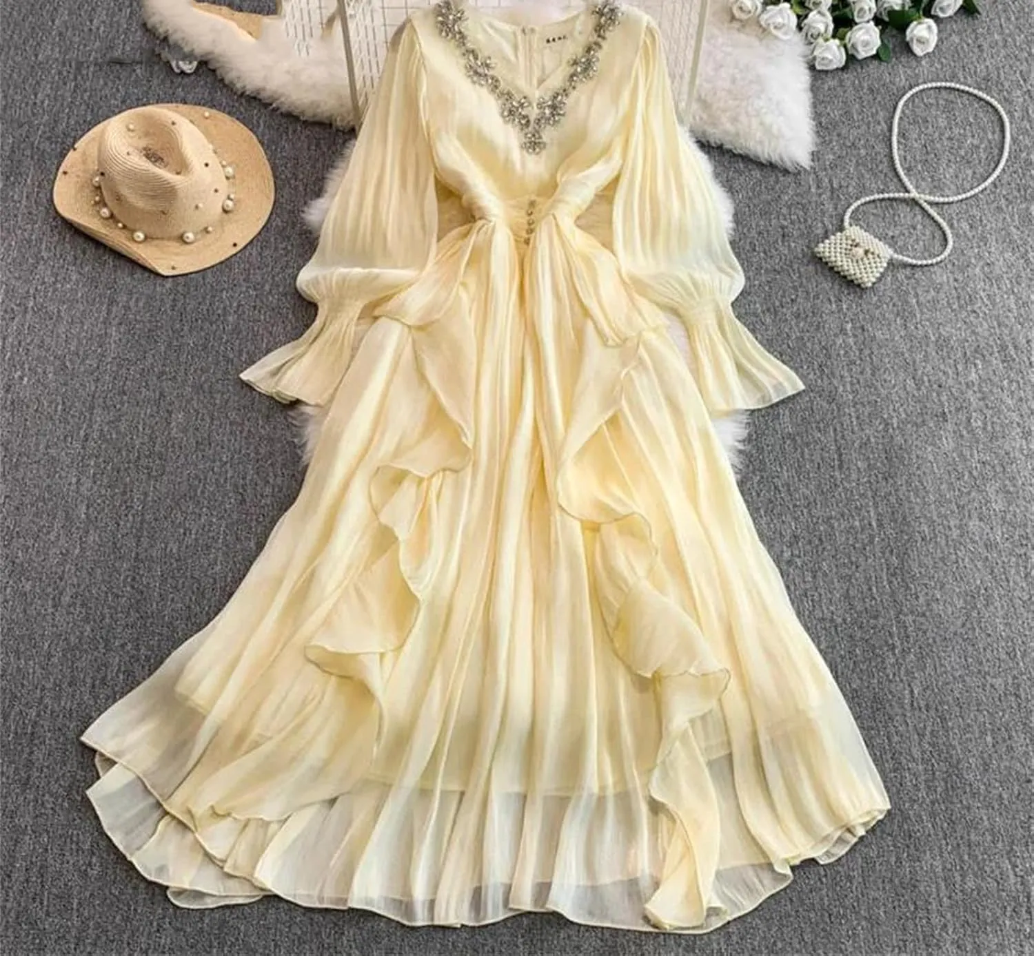 Women's Dress Elegant V Neck Flare Full Sleeves Gathered Waist Patchwork Loose A-Line Dresses
