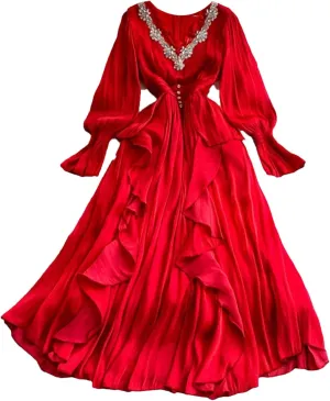 Women's Dress Elegant V Neck Flare Full Sleeves Gathered Waist Patchwork Loose A-Line Dresses