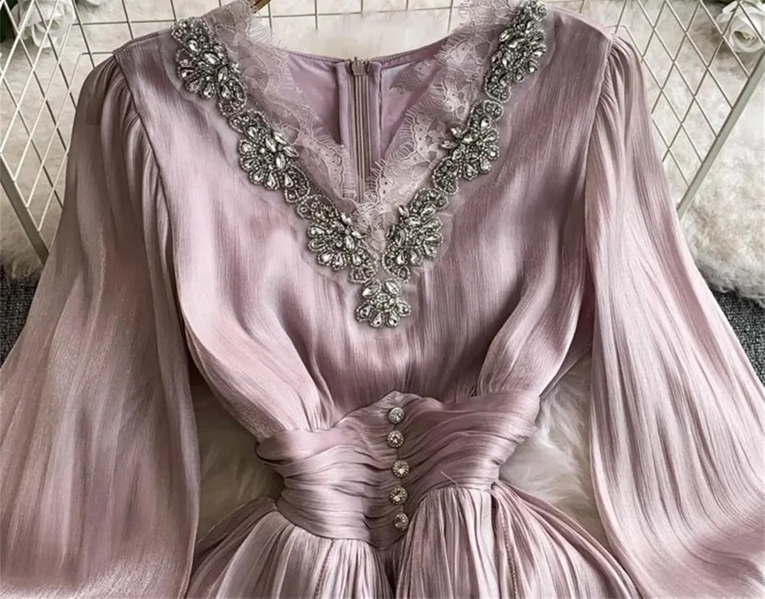 Women's Dress Elegant V Neck Flare Full Sleeves Gathered Waist Patchwork Loose A-Line Dresses