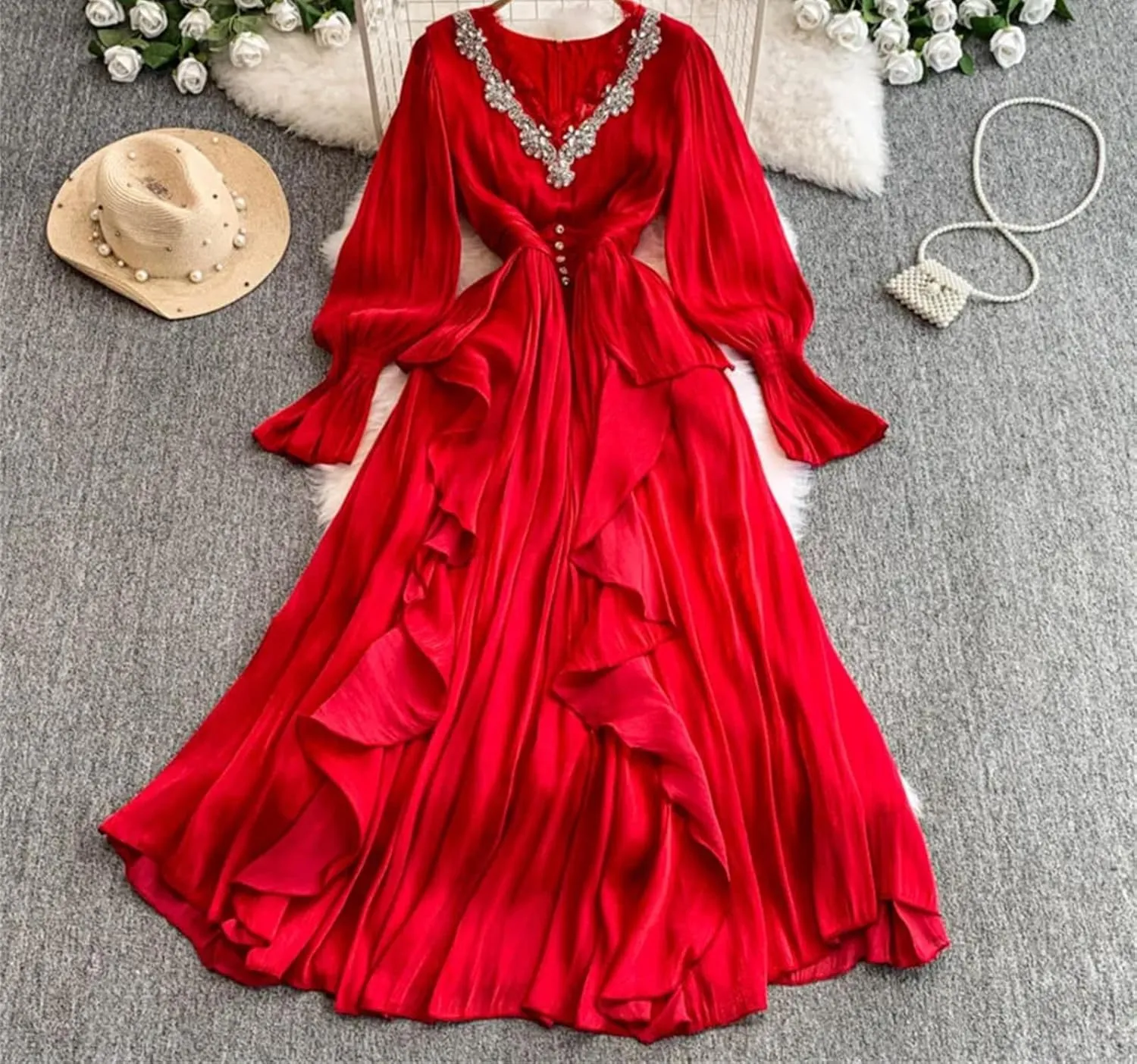 Women's Dress Elegant V Neck Flare Full Sleeves Gathered Waist Patchwork Loose A-Line Dresses