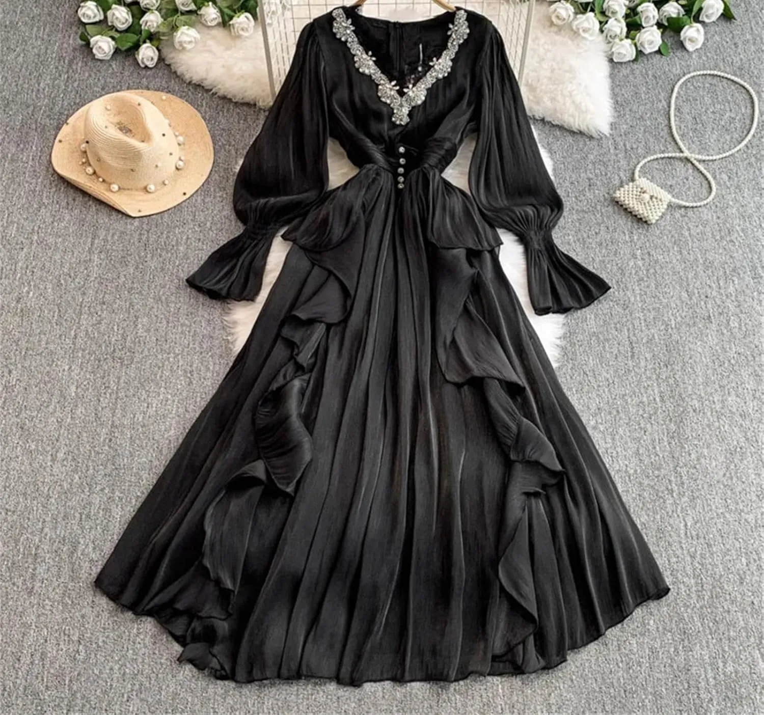Women's Dress Elegant V Neck Flare Full Sleeves Gathered Waist Patchwork Loose A-Line Dresses