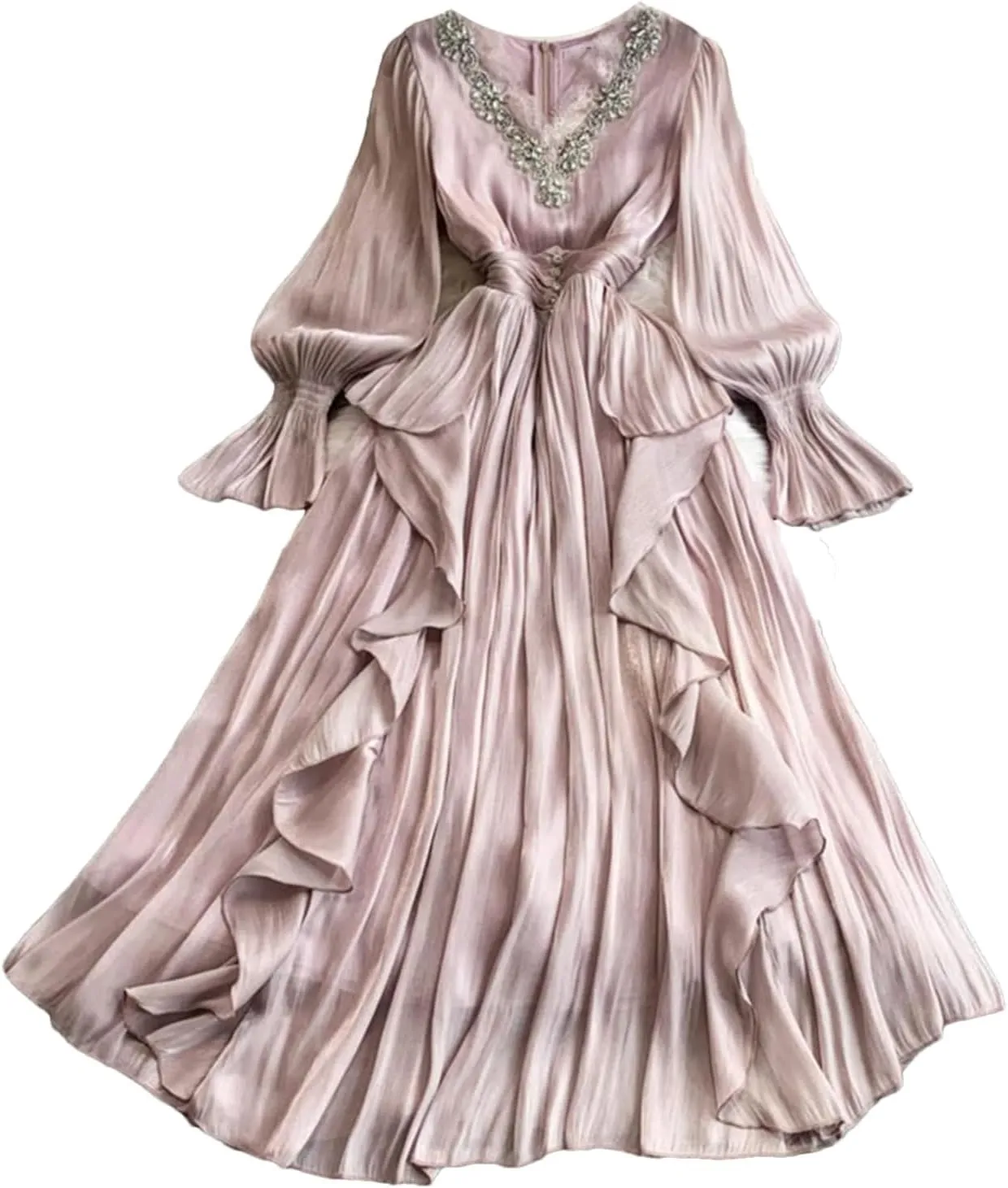 Women's Dress Elegant V Neck Flare Full Sleeves Gathered Waist Patchwork Loose A-Line Dresses