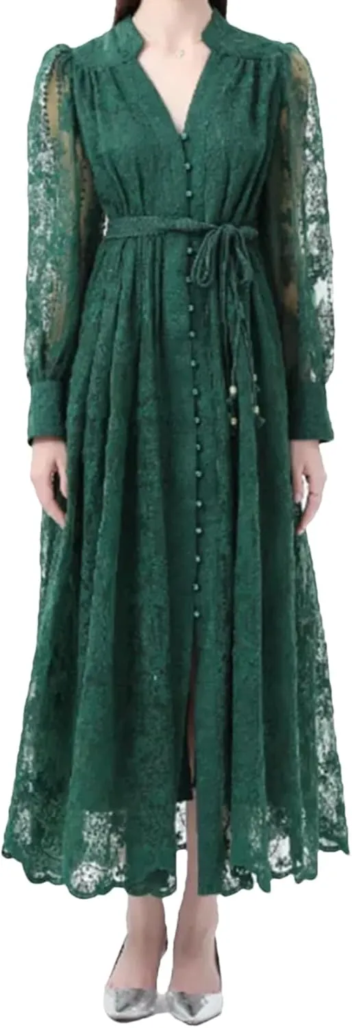 Women's Dress Spring French Lace Embroidery V-Neck Lantern Sleeves Single Breasted Party Birthday Dress